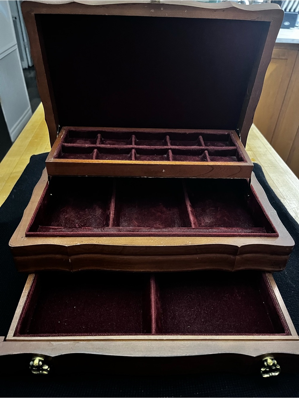 Vintage Mid Century Wooden Jewelry Box French Provincial Tiered Large Chest